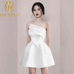 Women Ruffles Party Dress Summer Runway White Spaghetti Strap Jacquard Sexy Slim Mini Fashion Vestidos 210506