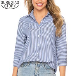 Fashion women blouse and tops ladies tops harajuku blouse shirts office lady Striped Three Quarter Button plus size 3861 50 210527