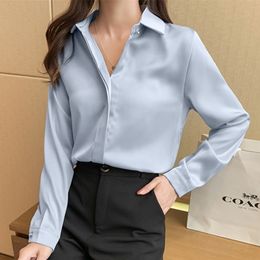 Silk Shirts Women Satin Blouse for Women Long Sleeve Shirts Office Lady Silk White Shirt Woman Solid Blouse Tops Plus Size XXL 210317