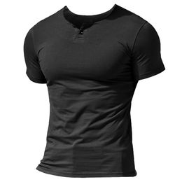 MUSCLE ALIVE Men's Summer Casual Short Sleeve Henleys T-Shirt Single Button Placket Plain O-Neck Shirts Bodybuilding Fitness Y0323