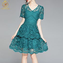 Summer Lace Dress Women Fashion Vintage Sexy Hollow Out Green Robe Casual Short Sleeve Party Dresses Vestidos 210520