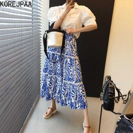 Korejpaa Women Sets Summer Korean Chic Vintage V-Neck Letter Print Loose T-Shirt High Waist Large Swing Flower Skirts 210526