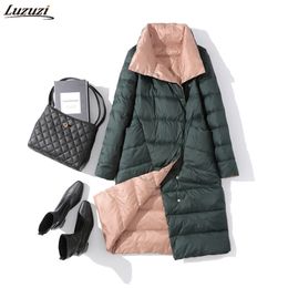 Luzuzi Women Double Sided Down Jacket Winter Turtleneck White Duck Coat Breasted Warm Padded Parkas Snow Long coat 210913