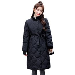 Long cotton coat women winter Korean fashion black beige stand collar slim thick warmth jacket with belt feminina LR871 210531