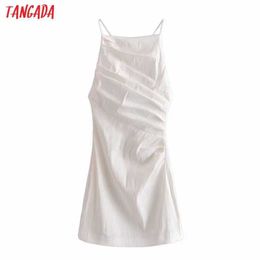 Tangada Women White Cotton Pleated Dress Sleeveless Backless Summer Fashion Lady Sexy Dresses Robe 3H553 210609
