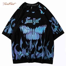 Mens Hip Hop T Shirts Blue Fire Flame Butterfly Streetwear Tshirt Harajuku Summer Short Sleeve T-Shirt Cotton Tops Tees 210324