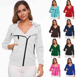 Fashion Solid Hooded Coat Women Autumn Winter Hooded Long Sleeve Diagonal Zipper Ladies Lapel Jacket Coat With Pockets Plus Size 210507