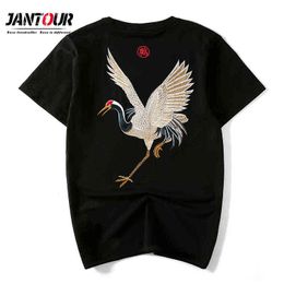 Chinese Style Soft Cotton Men's Crane Embroidery T-shirt O-Neck Short Sleeve T shirt Men casual t-shirts Summer Tshirts Top G1217