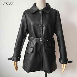Women Black Faux Leather Long Jackets Autumn Winter Single Breasted Basic Coat With Blet Biker Jacket 210423