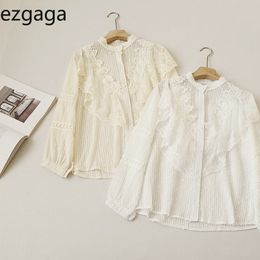 Ezgaga Women Shirts Sweet Long Sleeve Sequins Lace Mesh Patchwork Loose Thin Korean Tops Sweet Office Lady Blouse Fashion Blusas 210430