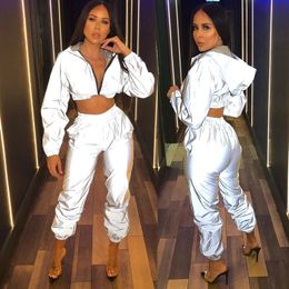 Desenhos mulheres windbreaker conjunto reflexivo dois pedaço conjunto casual hip hop casacos noite luz roupa longa calça mulheres corredores terno conjuntos