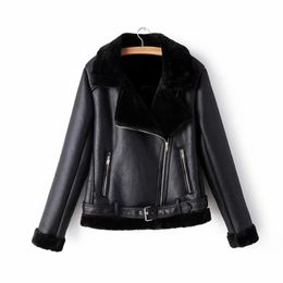 fashion female fur collar jackets winter cool women PU leather jacket moto belt coats young girls black coat 210427