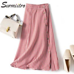 SURMIITRO Spring Summer Women Korean Style Red Black Plaid Single-Breasted High Waist School Aesthetic Midi Skirt Female 210712