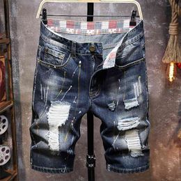 Summer Men's Graffiti Ripped Denim Shorts Personality Fashion Retro Slim Hole Short Jeans Male Brand Clothes 210713