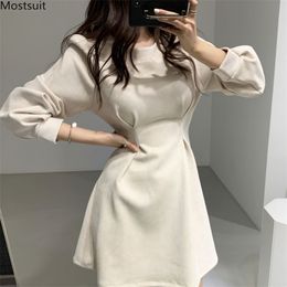 Spring Autumn Women Vintage Dress Elegant Korean Puff Sleeve Tunic Slim Fashion Mini Dresses Robe Femme 210513