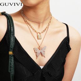 Big Rhinestone Butterfly Pendant Necklace Tennis Chain Choker Lock Charm Statement Collier For Women Jewellery Chains