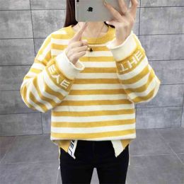 Autumn And Winter Sweater Student Fashion Round Neck Long Sleeve Striped Wide Hooded Bottom Knitting 210427