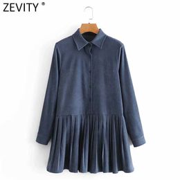 Zevity Women Fashion Turn Down Collar Hem Pleated Mini Shirt Dress Office Ladies Long Sleeve Casual Business Vestido DS4864 210603