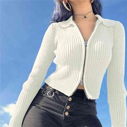 knitted white cropped cardigan women autumn winter short long sleeve ribbed zipper casual slim cardigans black tops 210427