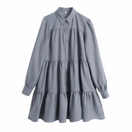 Spring Women Tiered Ruffle Mini Shirt Dress Female Long Sleeve Clothes Casual Lady Loose Vestido D7062 210430