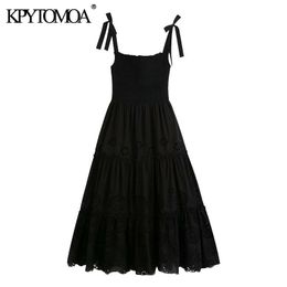 KPYTOMOA Women Chic Fashion Hollow Out Embroidery Ruffled Midi Dress Vintage Smocked Detail Tied Wide Straps Female Dresses 210325