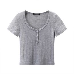 PUWD Y2K Sweet Girl Cotton Knitted Thin Crop Tops 2021 Summer Fashion Ladies Short Sleeve O Neck Button T-Shirt Women Chic Top Y0621