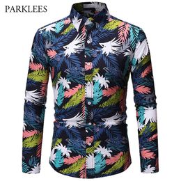 Hawaii Colourful Leaf Pattern Print Shirt Long Sleeve Mens Fashion Casual Cotton Button Slim Fit Shirt Men Dress 210524
