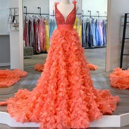 Party Dresses Bright Color Vibrant Prom Spaghetti Strap V Neck Backless Pearls Beaded High Waist Layered Tulle Evening Gown