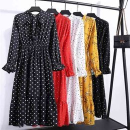 Women's Autumn Casual Dresses Black Dot Vintage Floral Printed Chiffon Shirt Dress Long Sleeve Bow Midi Vestidos Plus Size 210325