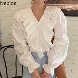 Neploe Blusas De Mujer Spring White Shirts Women V-neck Lace Patchwork Pleated Ruffles Blouses Korean Chic Elegant Tops 210422