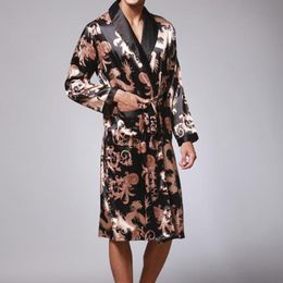 H Plus Size Mens Bathrobe Silk Kimono Sleepwear Long Sleeve Robes Dressing Gown Print Satin Pamas Men Night Peignoir Homme