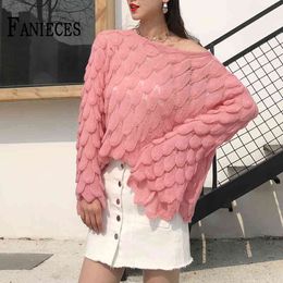 Autumn women Hollow out casual loose knit sweater Female pink thin Flare sleeve top high street pullover tops streetwear 210520
