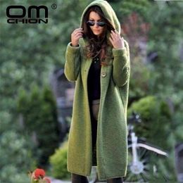 OMCHION XXXL Autumn Winter Hooded Long Cardigan Women Casual Long Sleeve Korean Sweater Coat Loose Knitted Cardigans LP155 210812