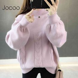 Women Casual Warm Thick Lantern Sleeve Turtleneck Loose Sweater Solid Korean Harajuku Retro Pullover Jumper 210428