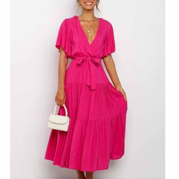 Casual Dresses Summer Women Dress Fashion Plus Size Women's Solid Color V-neck Lace-up Flared Sleeve Long Party Vestido De Mujer