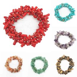 Handmade Stretch 7 Chakra Crystal Chip Gravel Bracelet Irregular Natural Stone Charm with Elastic Rope Gift For Women