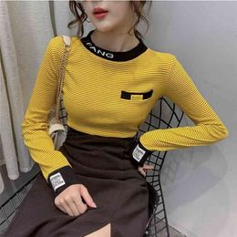 Autumn Winter T shirt Women Striped Letters Embroidery Stretchy Thick Tops Tee Fleece Long Sleeve T-shirt Bottoming T9N395 210324