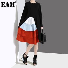 [EAM] Women Black Ruffles Split Joint Midi Dress Round Neck Long Sleeve Loose Fit Fashion Spring Autumn 1DD0112 21512