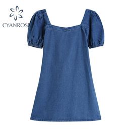 Blue Crop Denim Dress Women Summer Short Sleeve Slim Elegant Korean Backless Bandage Mini Dressesr Rok Chic Retro Vestidos 210515