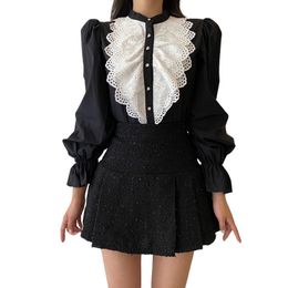 Women Chiffon Vintage Lolita Style Spliced Ruffled Shirt O-Neck Pleated Lace Princess Long-Sleeves B3069 210514