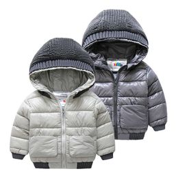 Cold Winter 4 6 8 10 12 Years Wadded Cotton Padded Knited Patchwork Thickening Hooded Solid Jacket Coat For Kids Baby Boys 210529