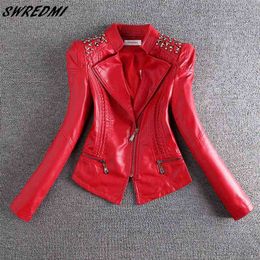 SWREDMI Fashion Red Motorcycle Leather Jacket Women Rivet Zippers Biker Leather Coat Plus Size S-3XL Suede Outerwear 210916