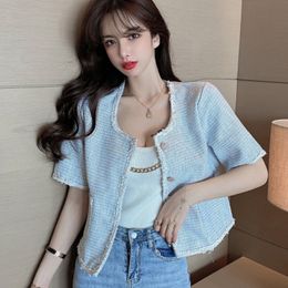 Korea Temperament Ladies Thin Tweed Women Short Sleeve Casual Jacket Elegant Female Fashion Casual Cardigan Top 210518