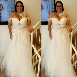 Boho Ivory Tulle Wedding Dresses Off Shoulder 2021 Lace Appliques Beaded Long Bohemian Beach Bridal Gowns Plus Size Sweetheart Country Vestidos De Novia