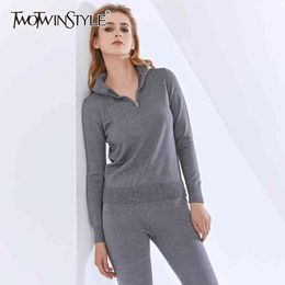 TWOTWINSTYLE Casual Minimalist Two Piece Set For Women Turtleneck Long Sleeve Tops Elastic Pants Gray sets Female Fashion 210517