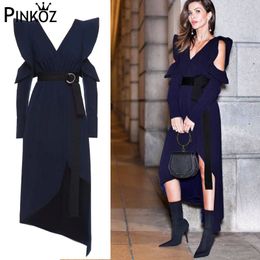 navy blue midi dress long sleeve hollow out ruffles sashes asymmetrical elegant v-neck party eveing night dresses 210421