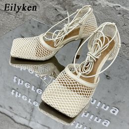 Eilyken 2021 New Sexy Yellow Mesh Pumps Sandals Female Square Toe high heel Lace Up Cross-tied Stiletto hollow Dress shoes slhglasgsag