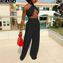 Women's Clothes Summer Woman Outfit Criss-cross Tops Long Pants Female Suit Solid Colour Sexy Club Fashion Sets Lady 210515