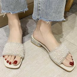 Rimocy Fashion Pearl Square Heel Slippers Women Summer Shink Crystal Med Sandals Female Party Non Slip Slides Ladies 210528