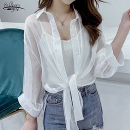 Summer Solid Colour Super Thin Chiffon Cardigan Short Sleeve Loose Women Blouse Sun Protection Blouses Shirts 9236 50 210427